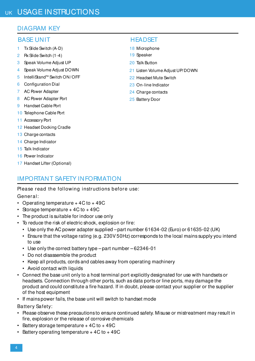 Plantronics CS 60 manual UK Usage Instructions, Diagram KEY Base Unit Headset, Important Safety Information 