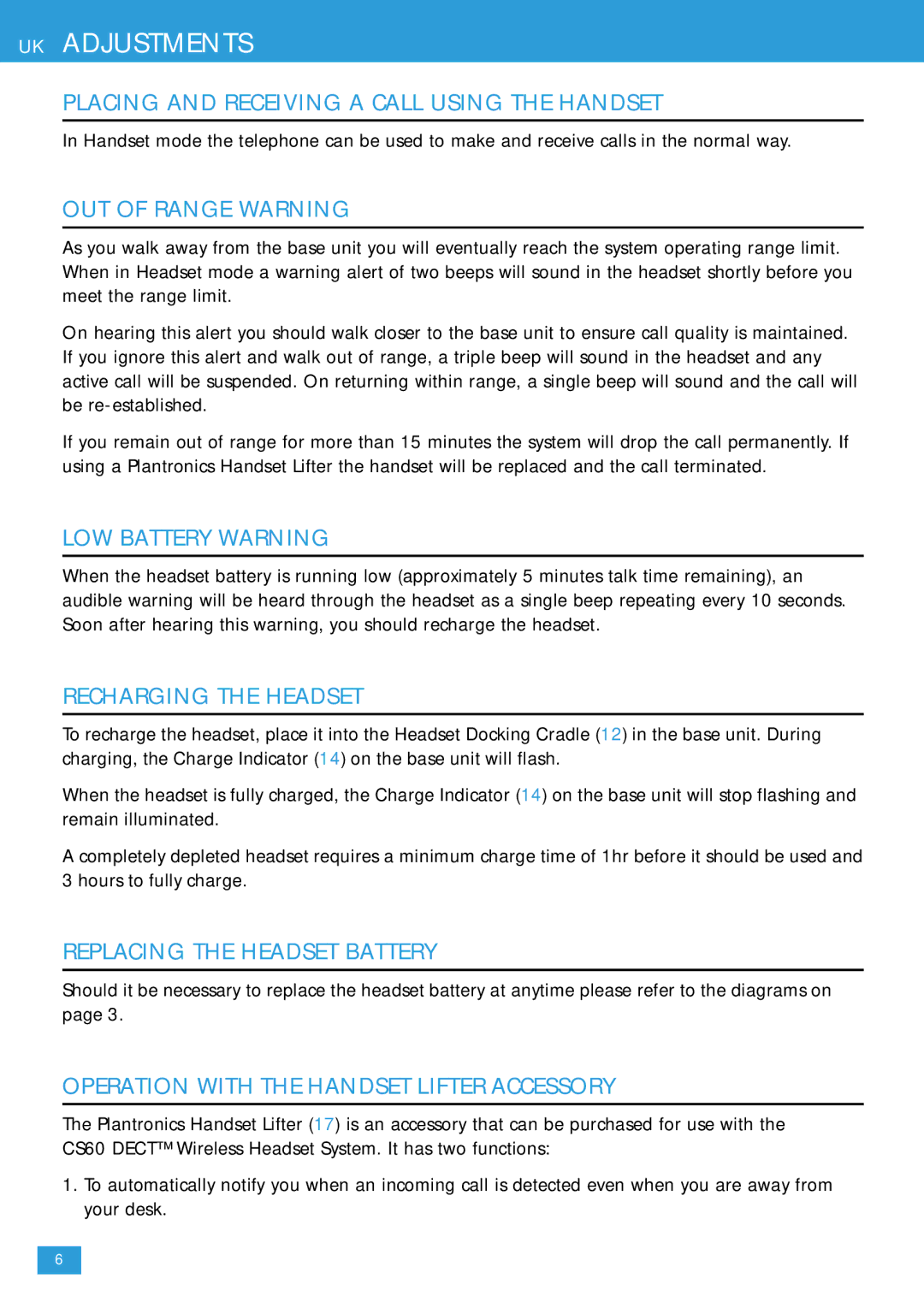 Plantronics CS 60 manual UK Adjustments 