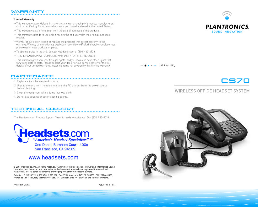 Plantronics CS 70 warranty CS70, Wireless Office Headset System, Plantronics Inc 