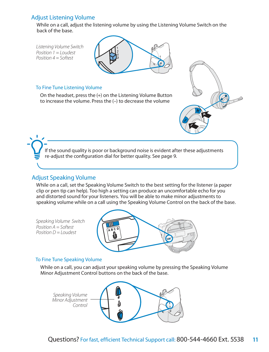 Plantronics CS351N setup guide Adjust Listening Volume, Adjust Speaking Volume, Speaking Volume Minor Adjustment Control 