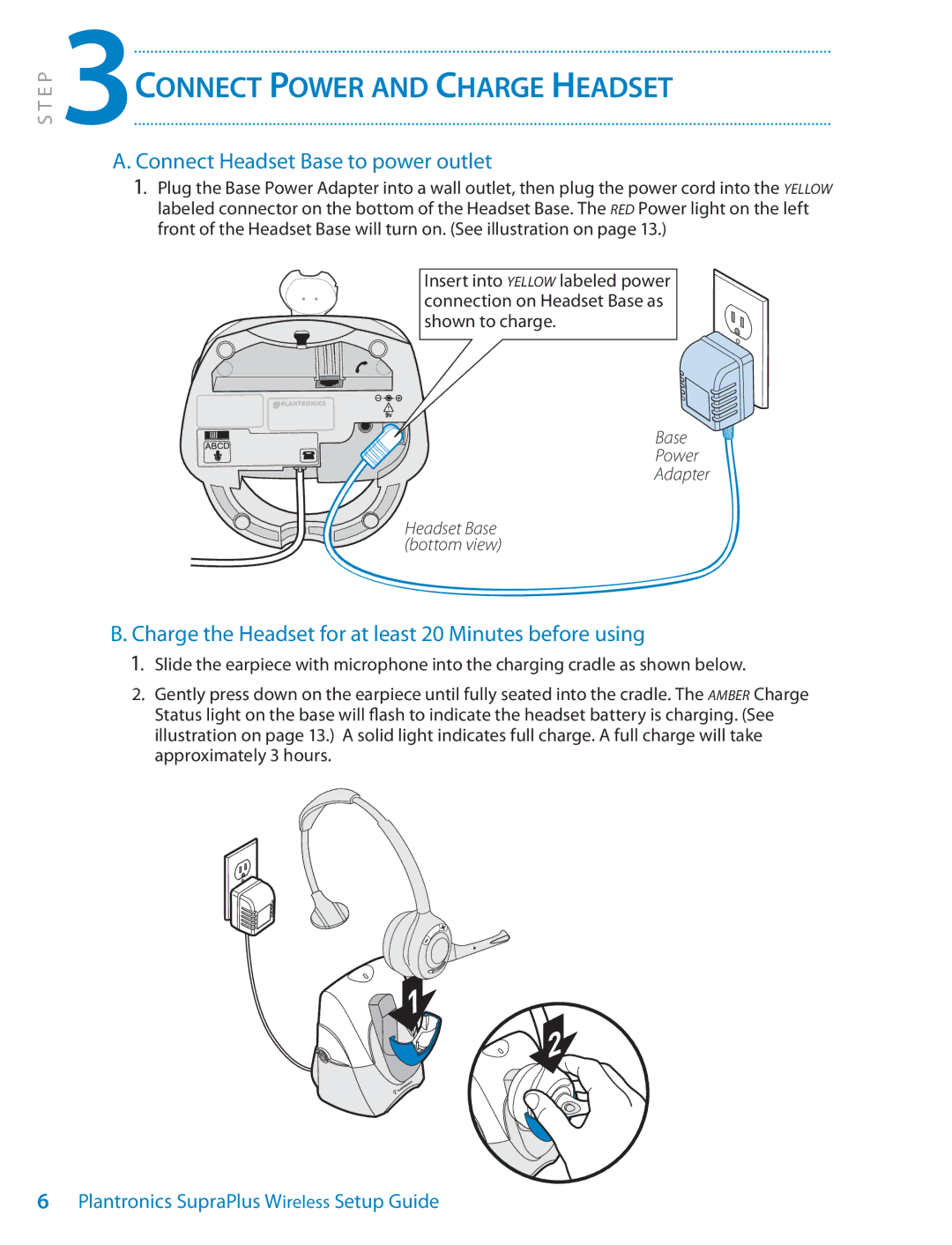 Plantronics CS351N setup guide 3CONNECT Power and Charge Headset, Connect Headset Base to power outlet, Base Power Adapter 