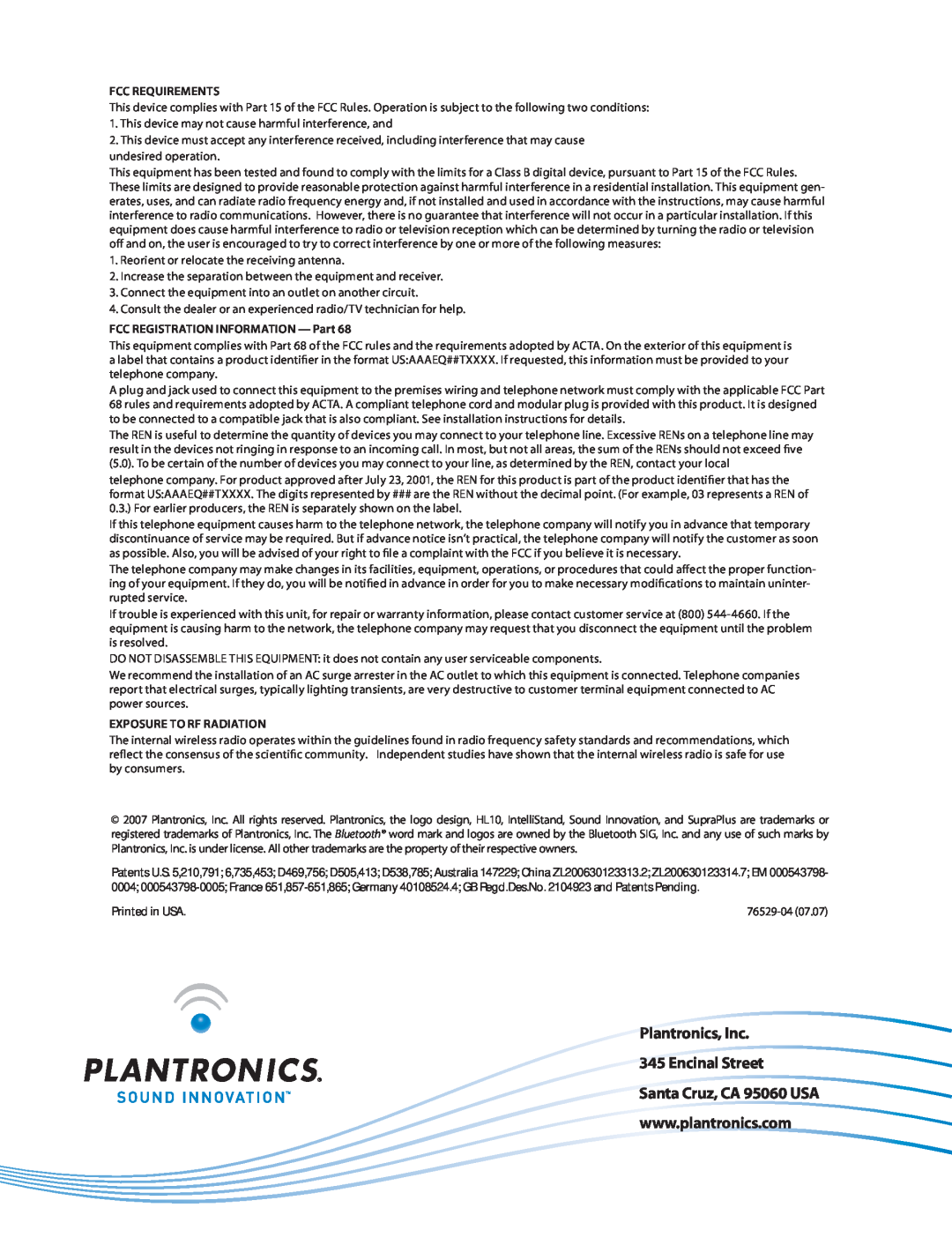Plantronics CS351N setup guide Plantronics, Inc 345 Encinal Street, Fcc Requirements, FCC REGISTRATION INFORMATION - Part 