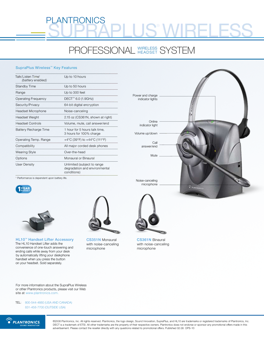 Plantronics CS361N manual SupraPlus Wireless Key Features, HL10 Handset Lifter Accessory, Battery enabled 