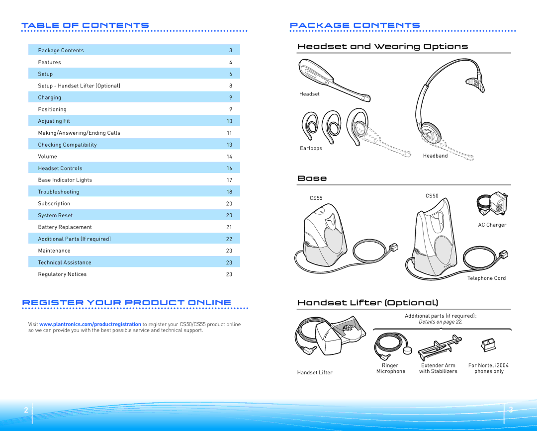 Plantronics CS50/55 warranty Headset Earloops Headband, CS55, AC Charger Telephone Cord 