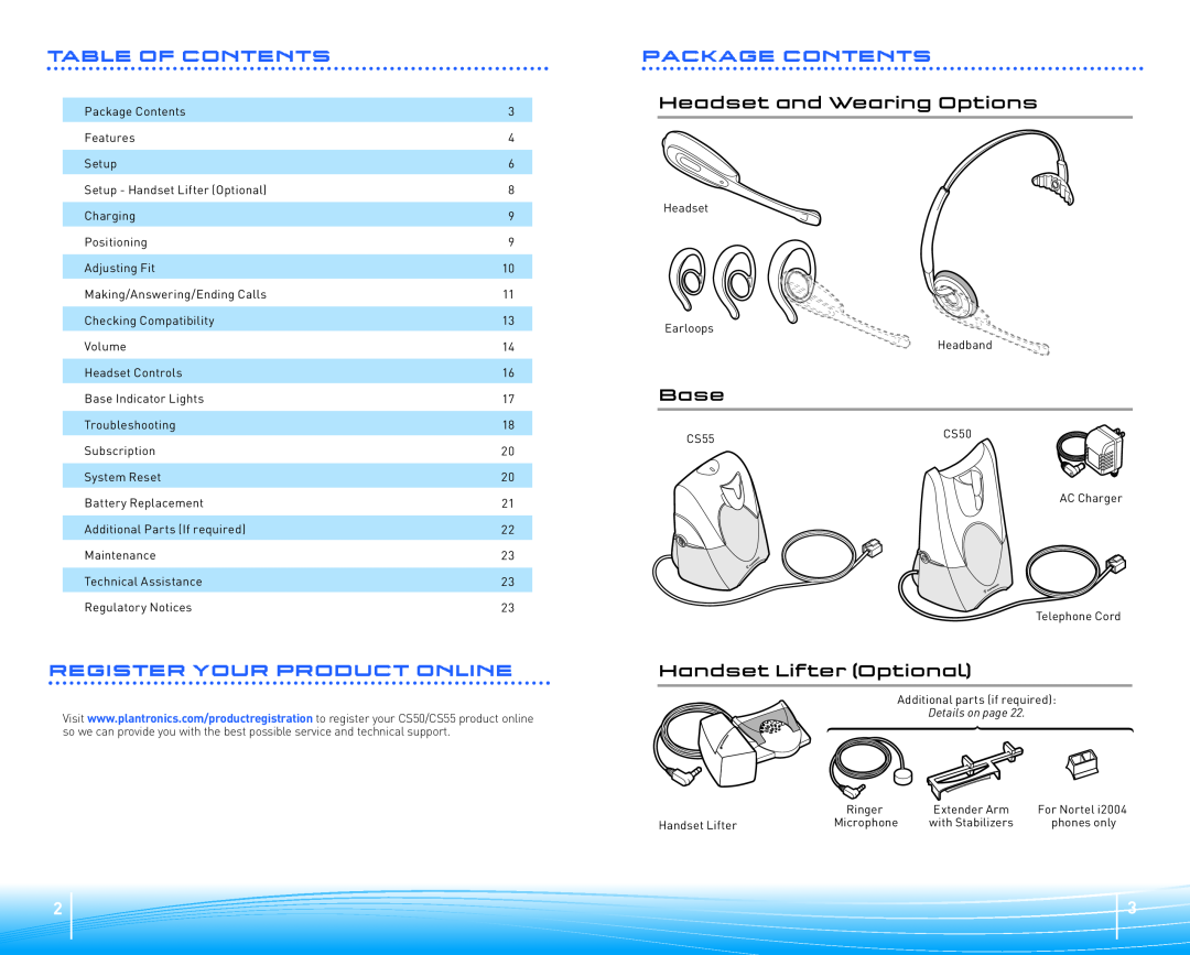 Plantronics CS50/55 warranty Headset and Wearing Options, Base, Handset Lifter Optional 
