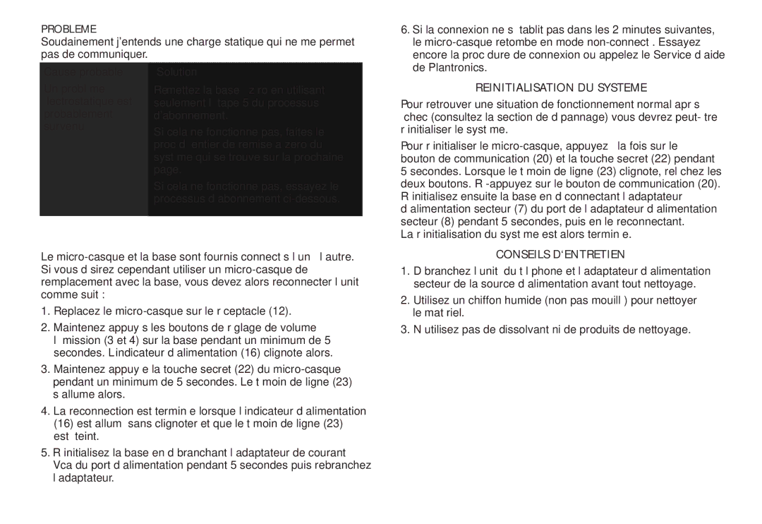 Plantronics CS50 manual do utilizador Connexion, Reinitialisation DU Systeme, Conseils D‘ENTRETIEN 