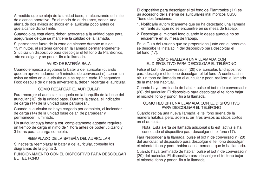 Plantronics CS50 manual do utilizador Aviso DE Fuera DE Alcance, Aviso DE Batería Baja, Cómo Recargar EL Auricular 