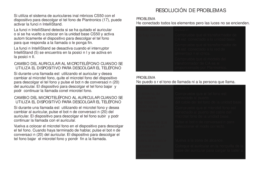 Plantronics CS50 manual do utilizador Resolución DE Problemas, Función Intellistand 