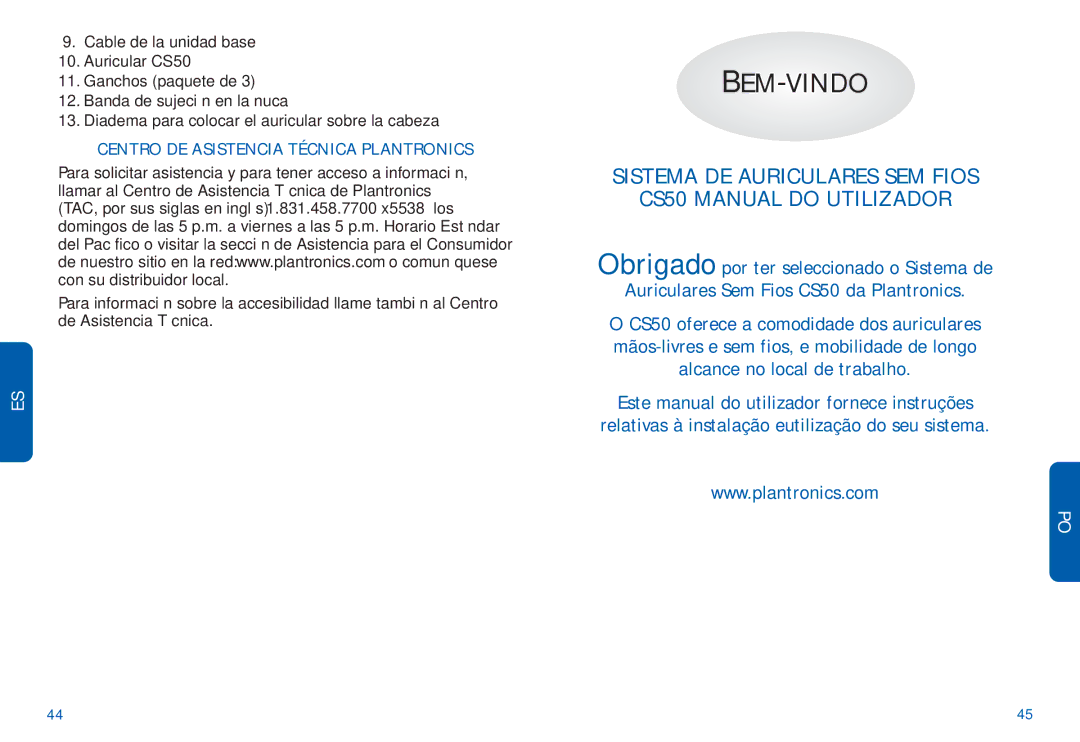 Plantronics Sistema DE Auriculares SEM Fios CS50 Manual do Utilizador, Centro DE Asistencia Técnica Plantronics 
