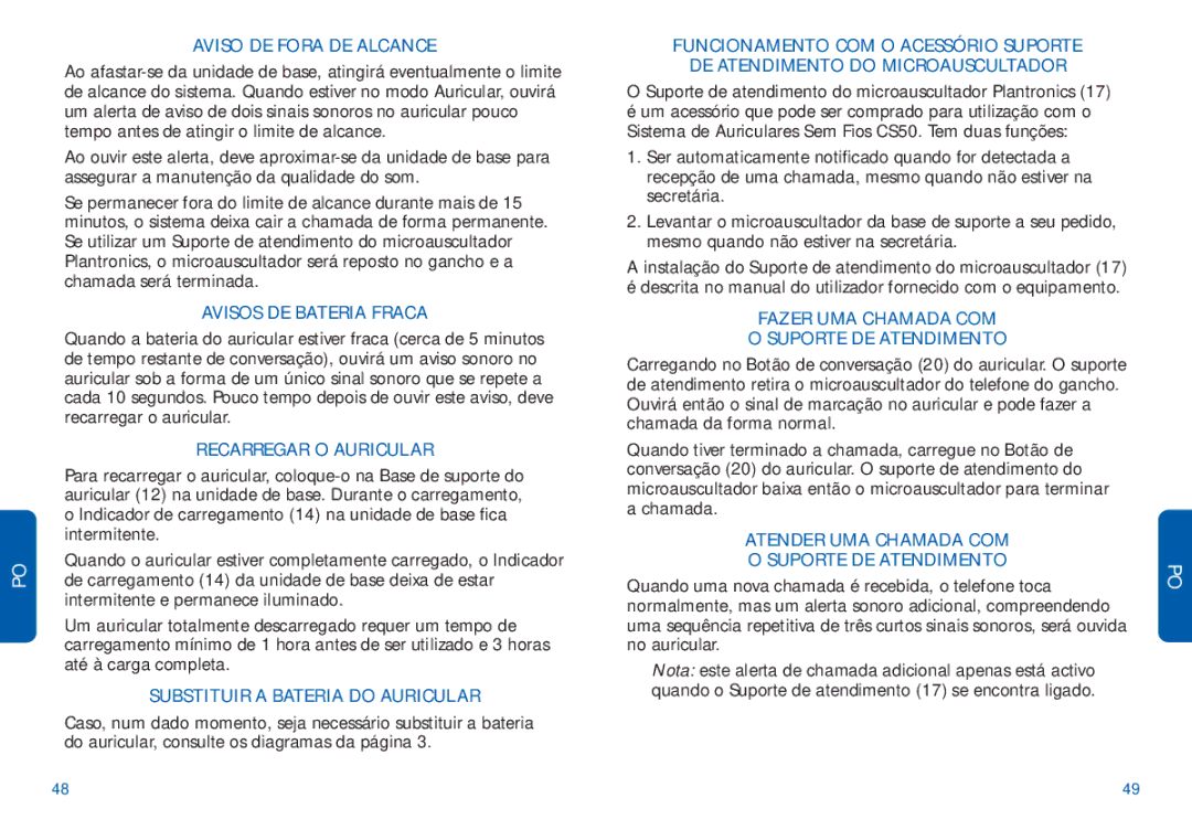 Plantronics CS50 manual do utilizador Aviso DE Fora DE Alcance, Avisos DE Bateria Fraca, Recarregar O Auricular 