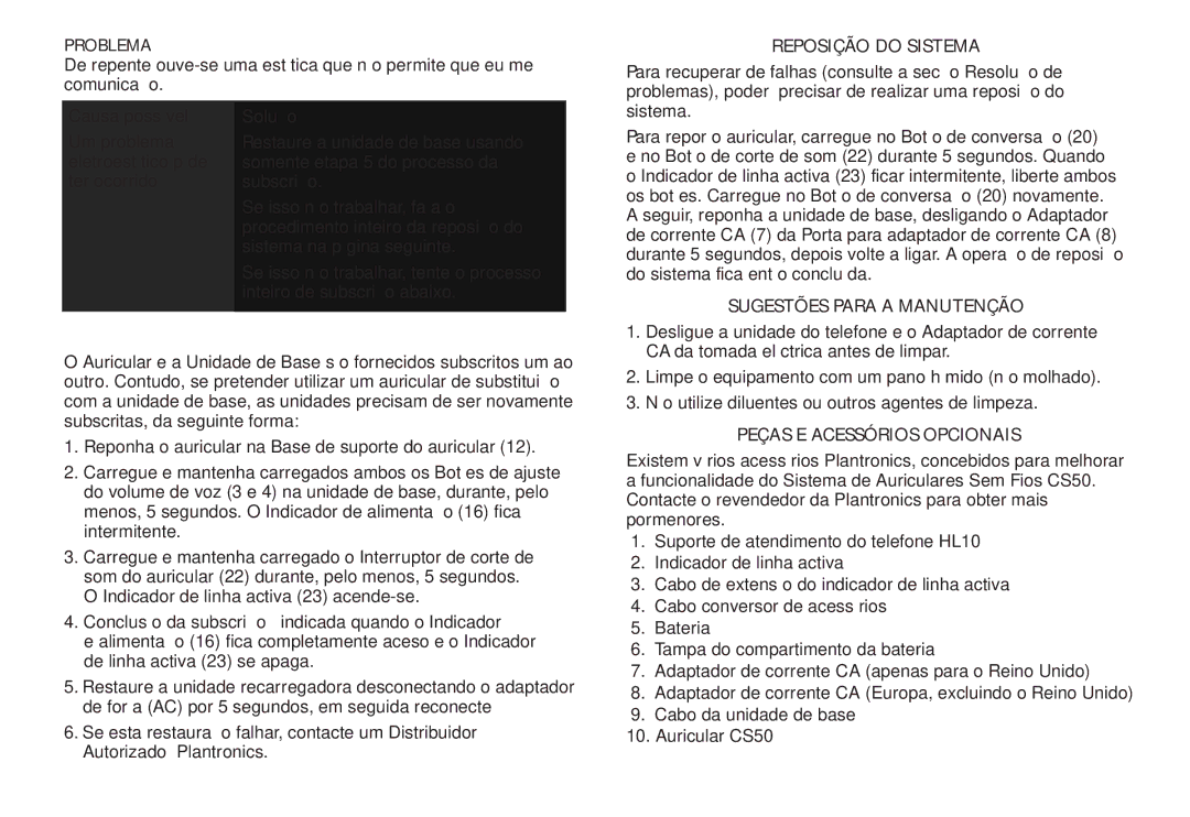 Plantronics CS50 Subscrição, Reposição do Sistema, Sugestões Para a Manutenção, Peças E Acessórios Opcionais 