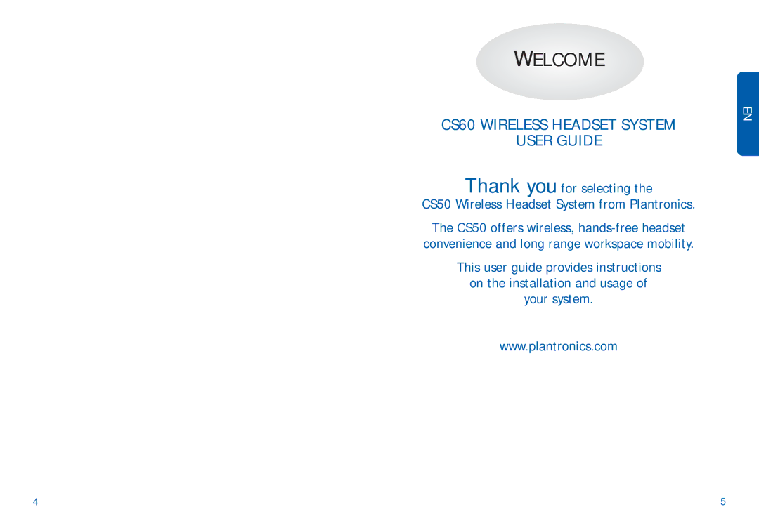 Plantronics CS50 manual do utilizador Welcome, CS60 Wireless Headset System User Guide 