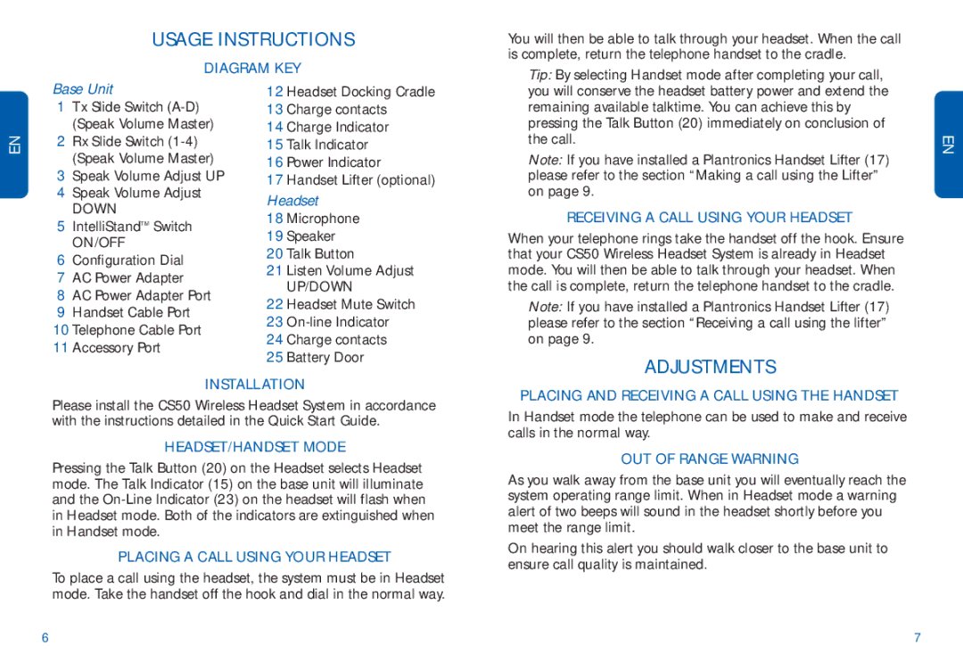 Plantronics CS50 manual do utilizador Usage Instructions, Adjustments 