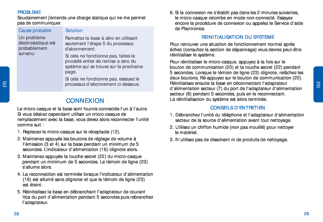 Plantronics CS50 manual do utilizador Connexion, Probleme, Reinitialisation Du Systeme, Conseils D‘Entretien 
