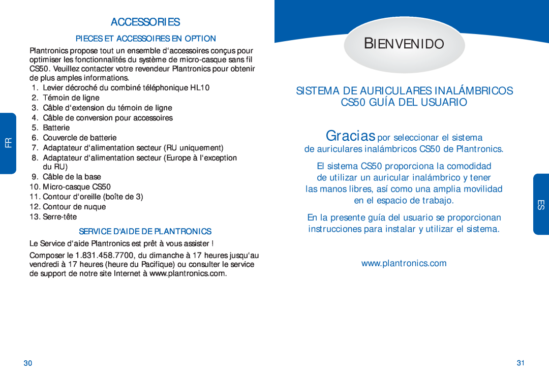 Plantronics manual do utilizador Bienvenido, Accessories, Sistema De Auriculares Inalámbricos, CS50 GUÍA DEL USUARIO 