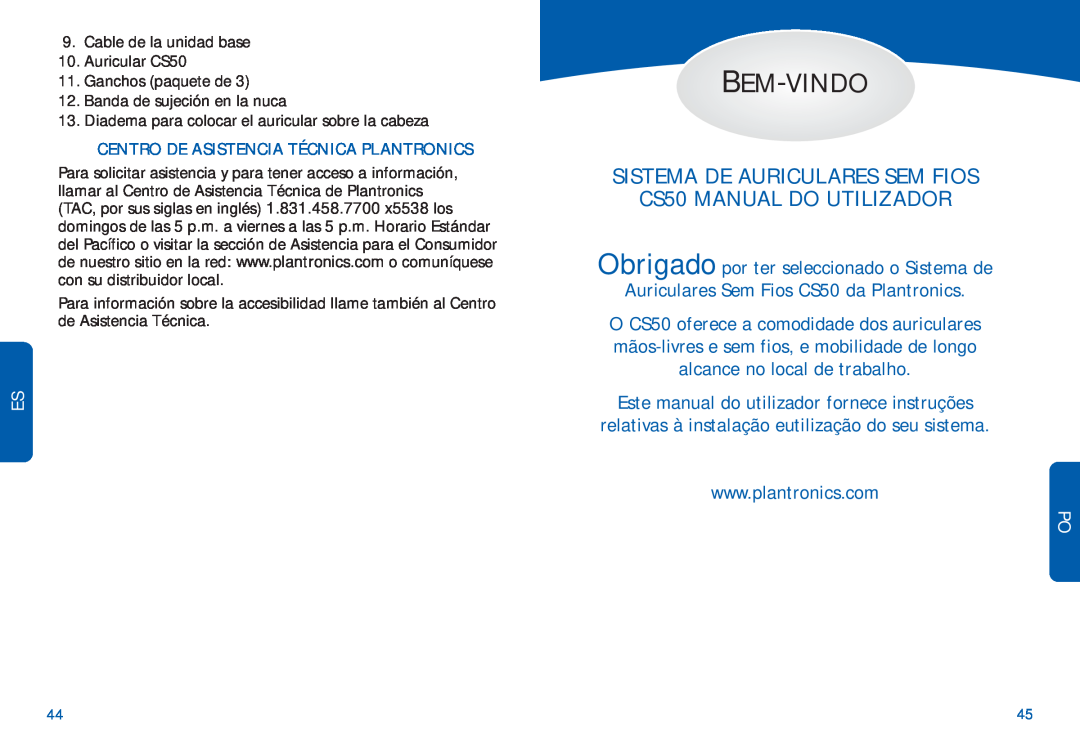 Plantronics manual do utilizador Bem-Vindo, Sistema De Auriculares Sem Fios, CS50 MANUAL DO UTILIZADOR 