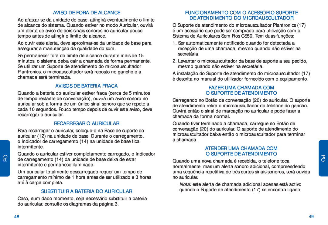 Plantronics CS50 manual do utilizador Aviso De Fora De Alcance, Avisos De Bateria Fraca, Recarregar O Auricular 