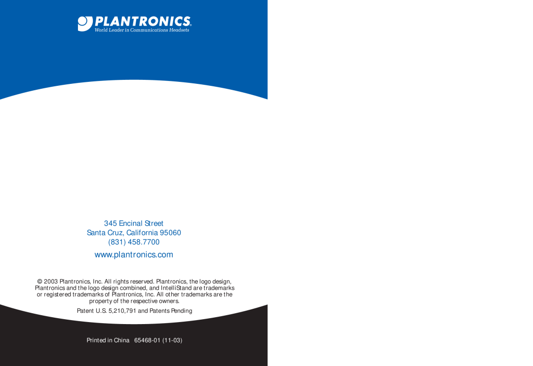 Plantronics CS50 manual do utilizador Encinal Street Santa Cruz, California, Patent U.S. 5,210,791 and Patents Pending 