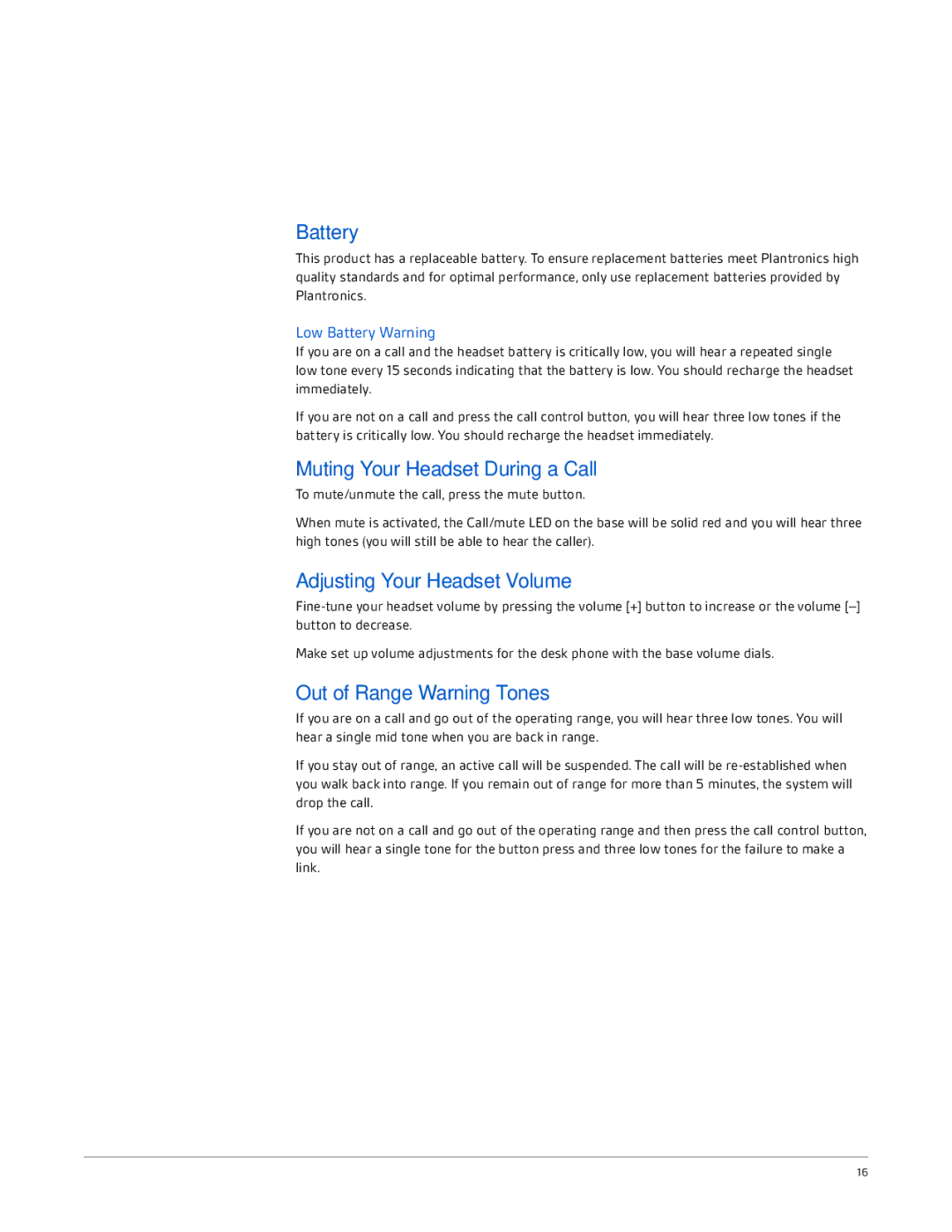 Plantronics CS520 Battery, Muting Your Headset During a Call, Adjusting Your Headset Volume, Out of Range Warning Tones 