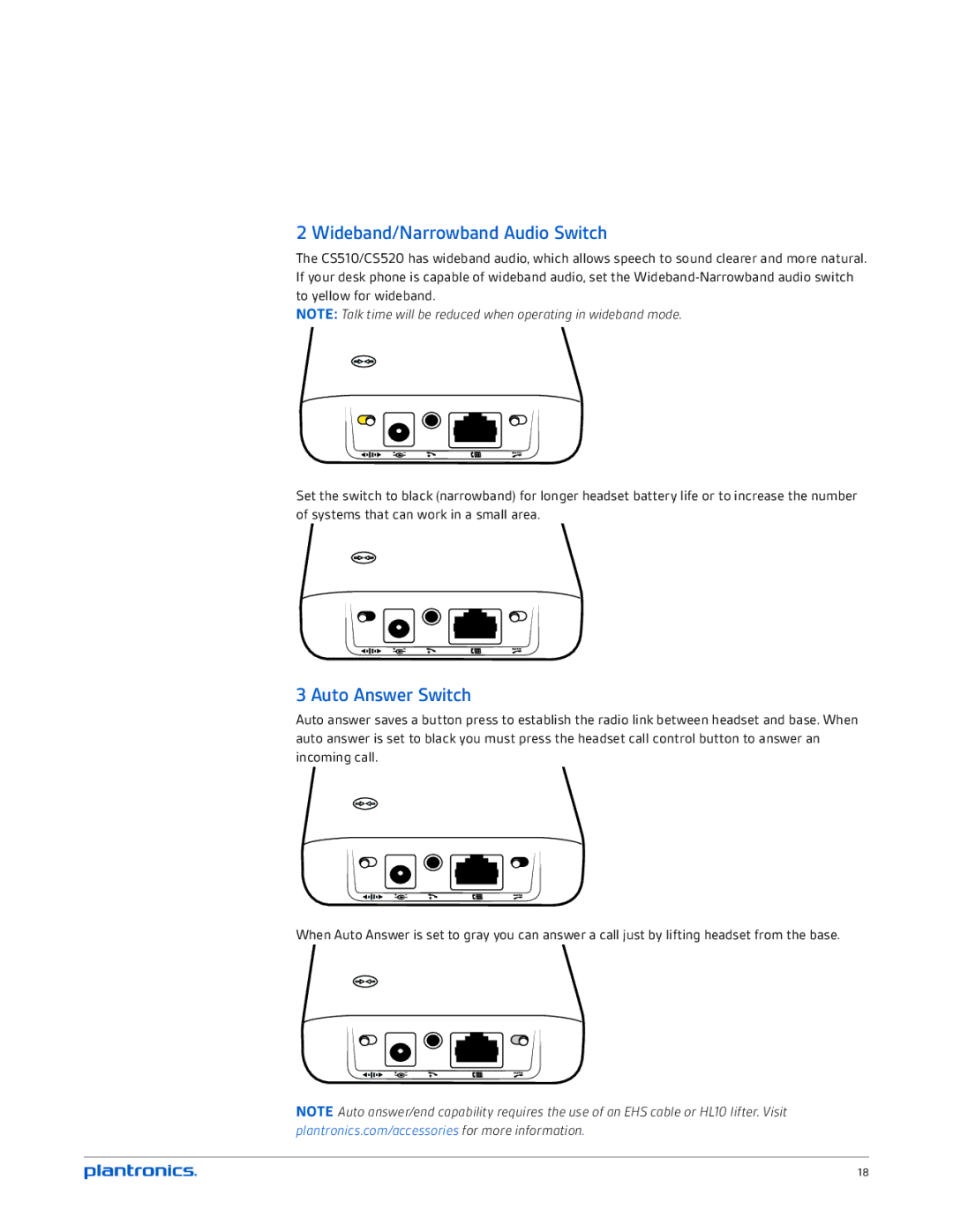 Plantronics CS520, CS510 manual Wideband/Narrowband Audio Switch, Auto Answer Switch 
