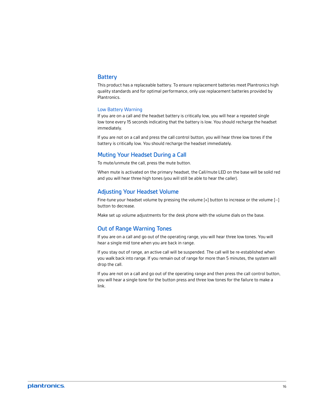 Plantronics CS520-XD Battery, Muting Your Headset During a Call, Adjusting Your Headset Volume, Out of Range Warning Tones 