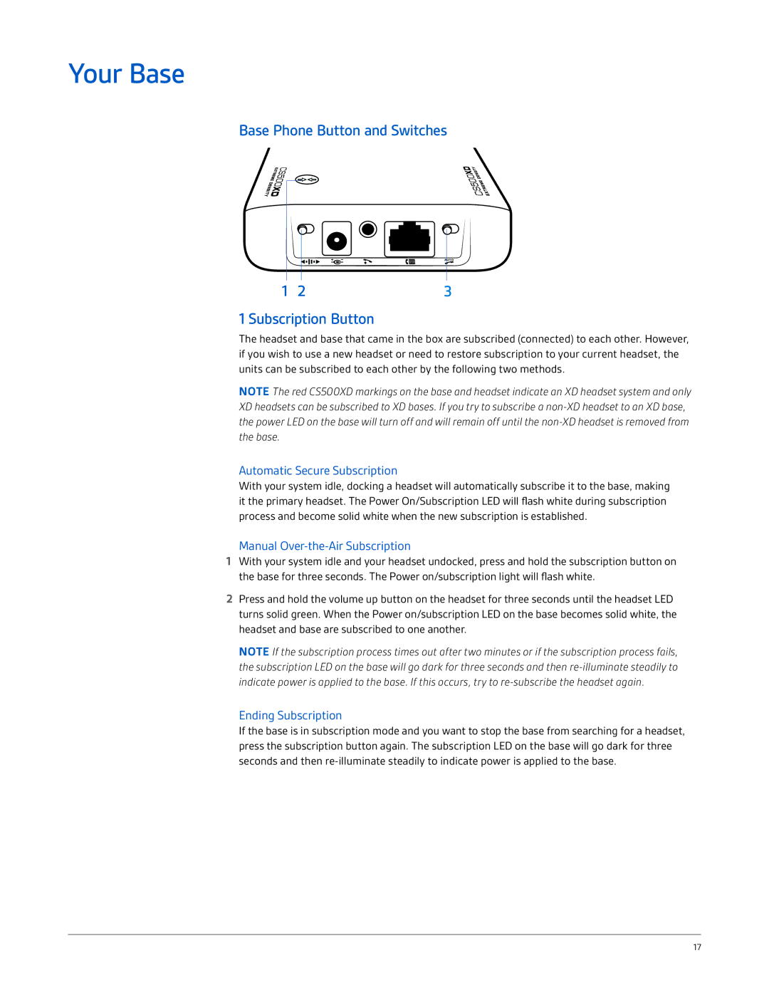 Plantronics CS510-XD manual Your Base, Base Phone Button and Switches Subscription Button, Automatic Secure Subscription 