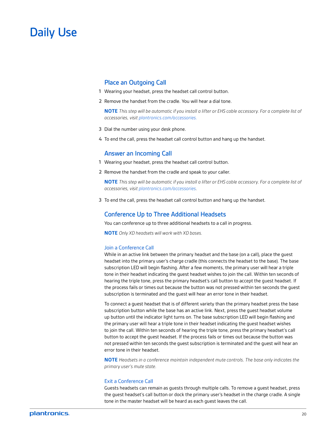 Plantronics CS520-XD, CS510-XD manual Daily Use, Place an Outgoing Call, Answer an Incoming Call 