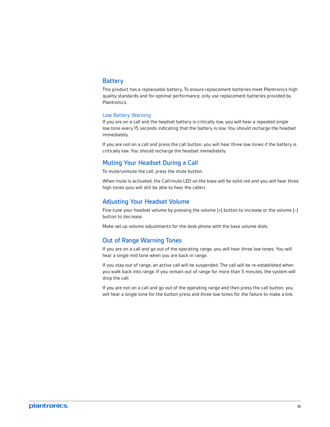 Plantronics CS520 Battery, Muting Your Headset During a Call, Adjusting Your Headset Volume, Out of Range Warning Tones 