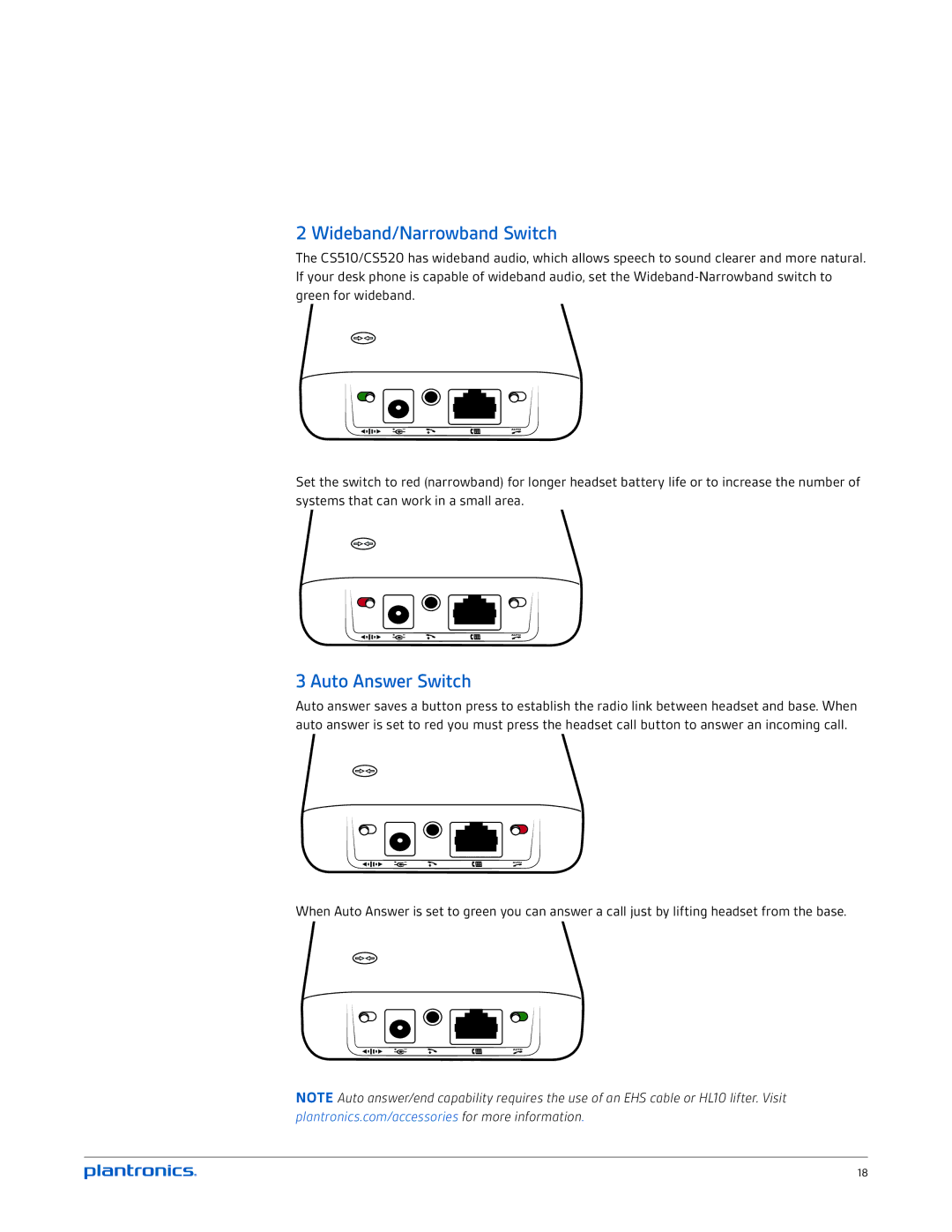 Plantronics CS520 manual Wideband/Narrowband Switch, Auto Answer Switch 