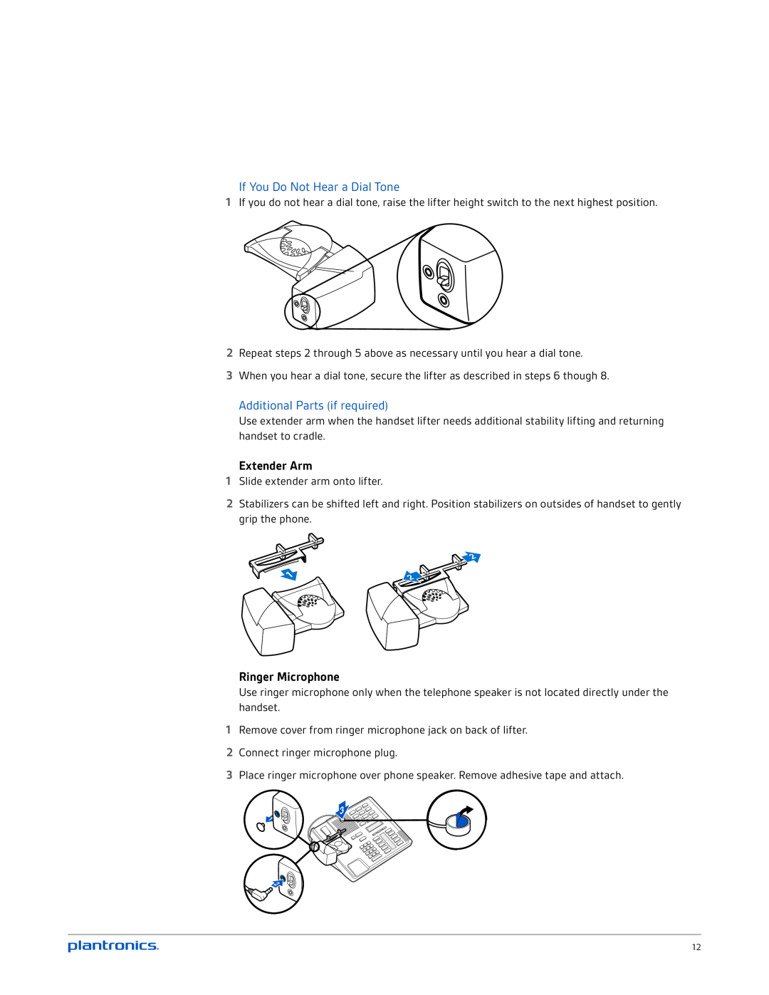 Plantronics CS520 manual If You Do Not Hear a Dial Tone, Additional Parts if required, Extender Arm, Ringer Microphone 