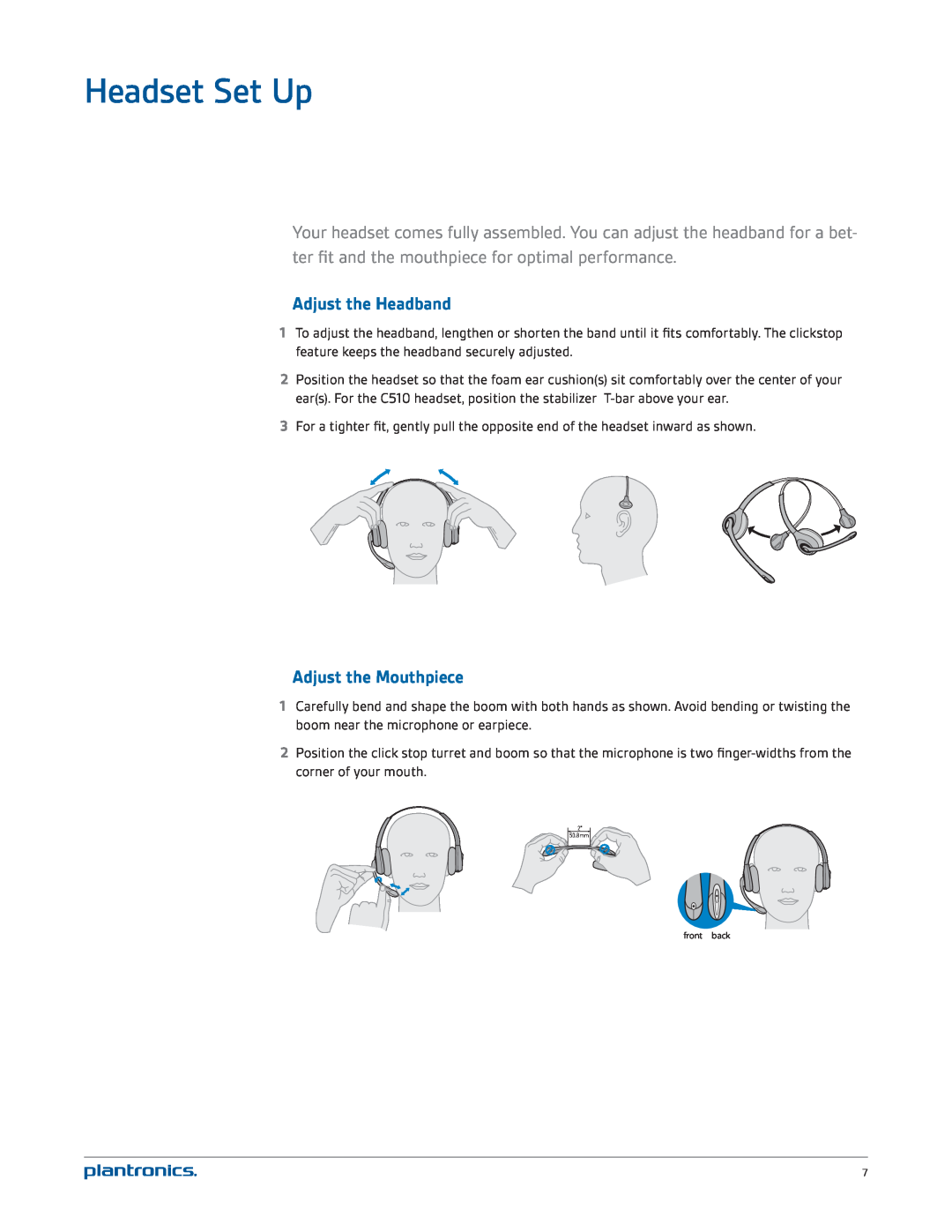 Plantronics CS520 manual Headset Set Up, Adjust the Headband, Adjust the Mouthpiece 