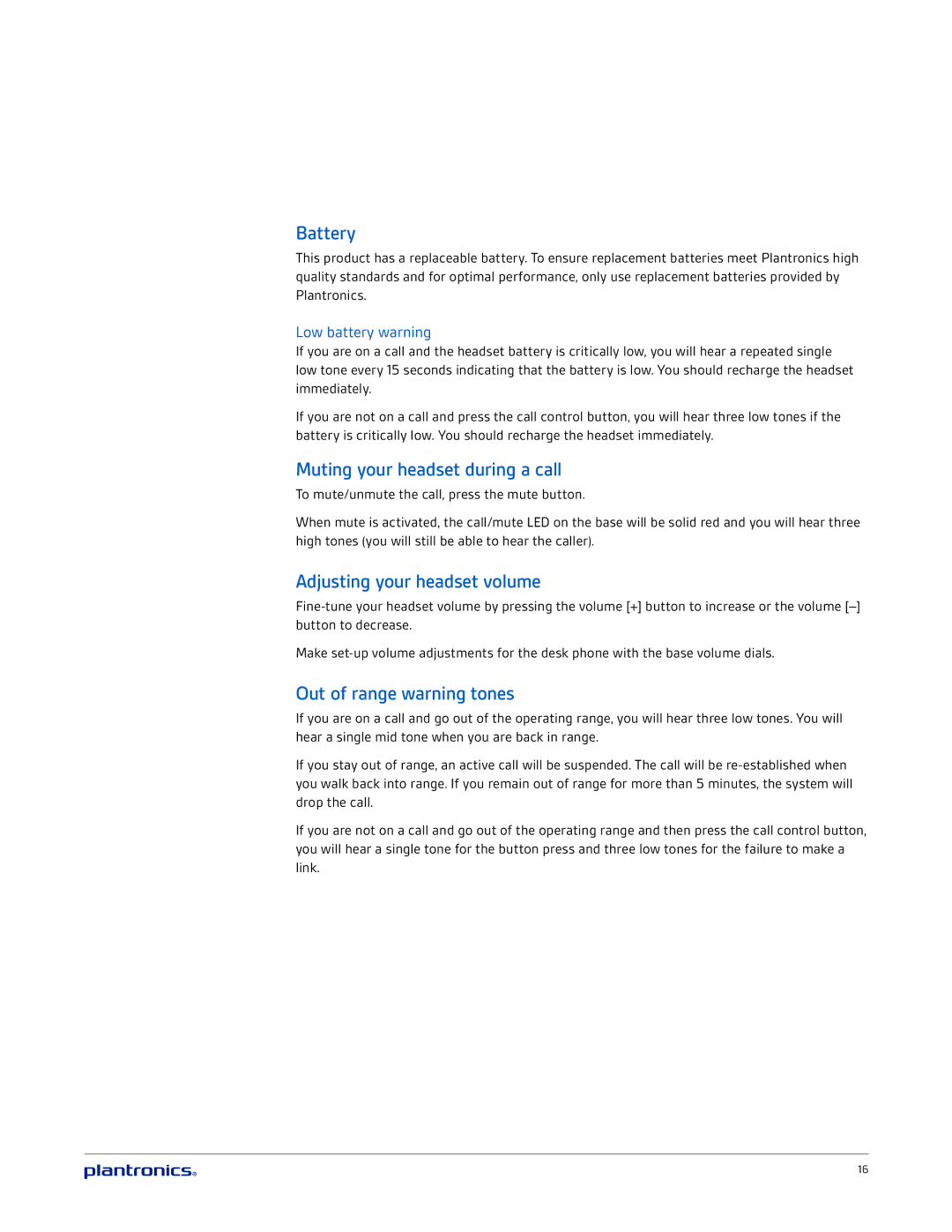 Plantronics CS520A Battery, Muting your headset during a call, Adjusting your headset volume, Out of range warning tones 