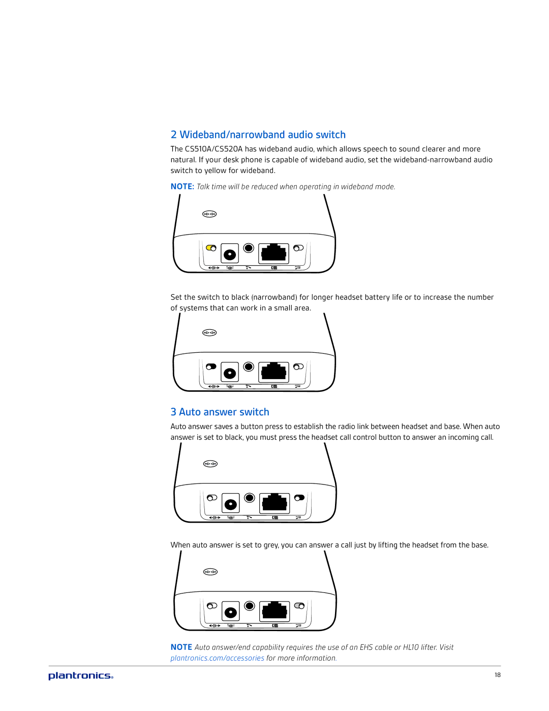 Plantronics CS520A, CS510A manual Wideband/narrowband audio switch, Auto answer switch 