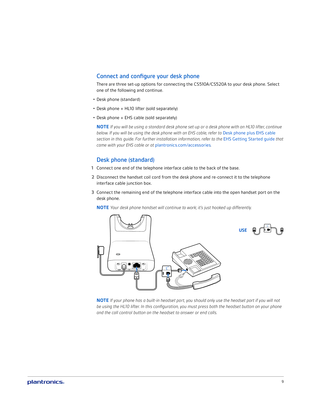 Plantronics CS510A, CS520A manual Connect and configure your desk phone, Desk phone standard 