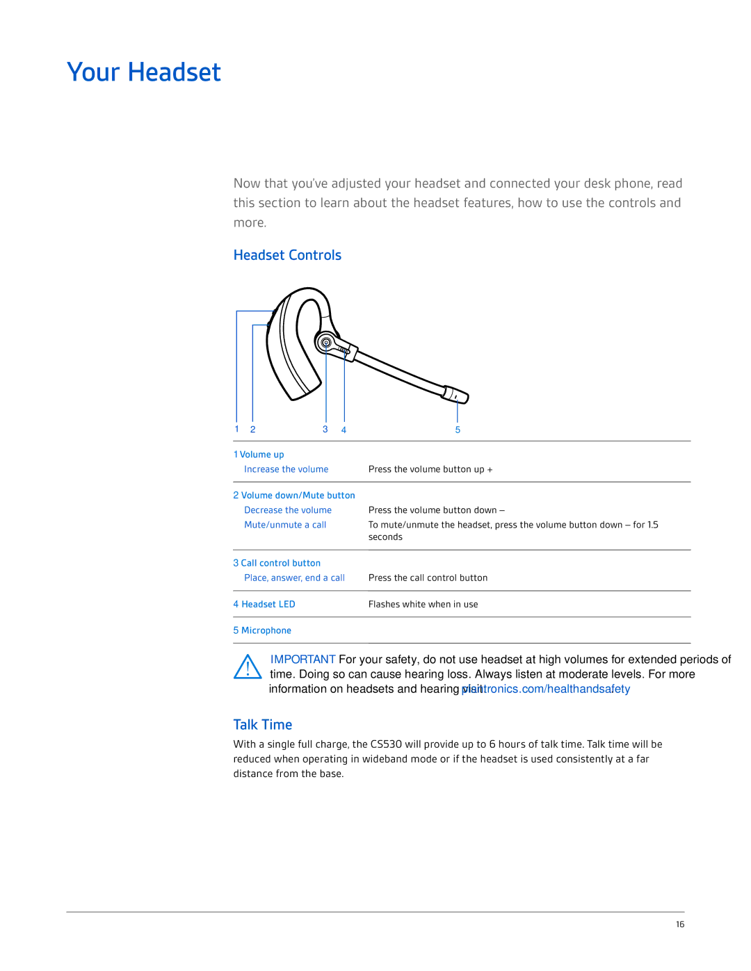 Plantronics CS530 manual Your Headset, Headset Controls, Talk Time 