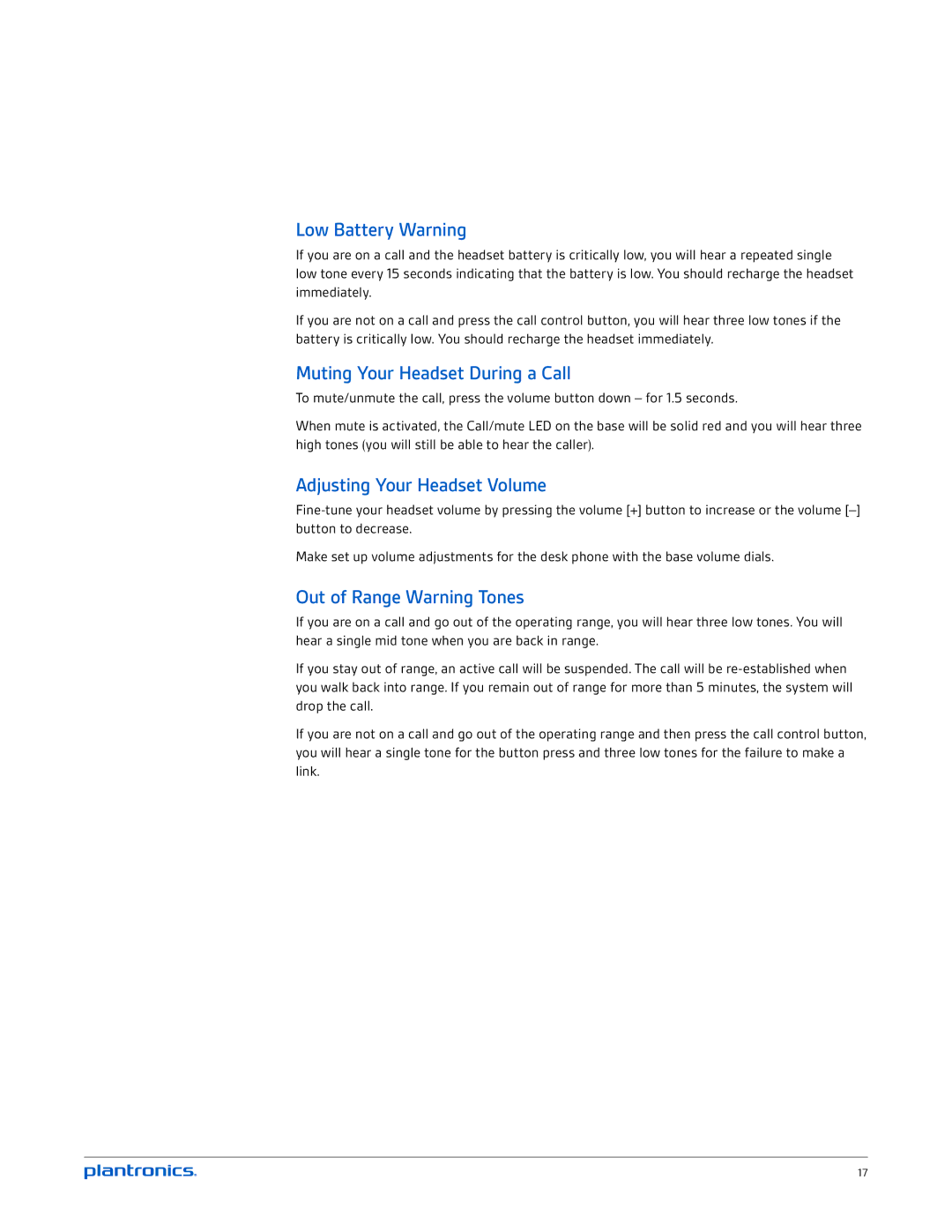 Plantronics CS530 manual Low Battery Warning, Muting Your Headset During a Call, Adjusting Your Headset Volume 