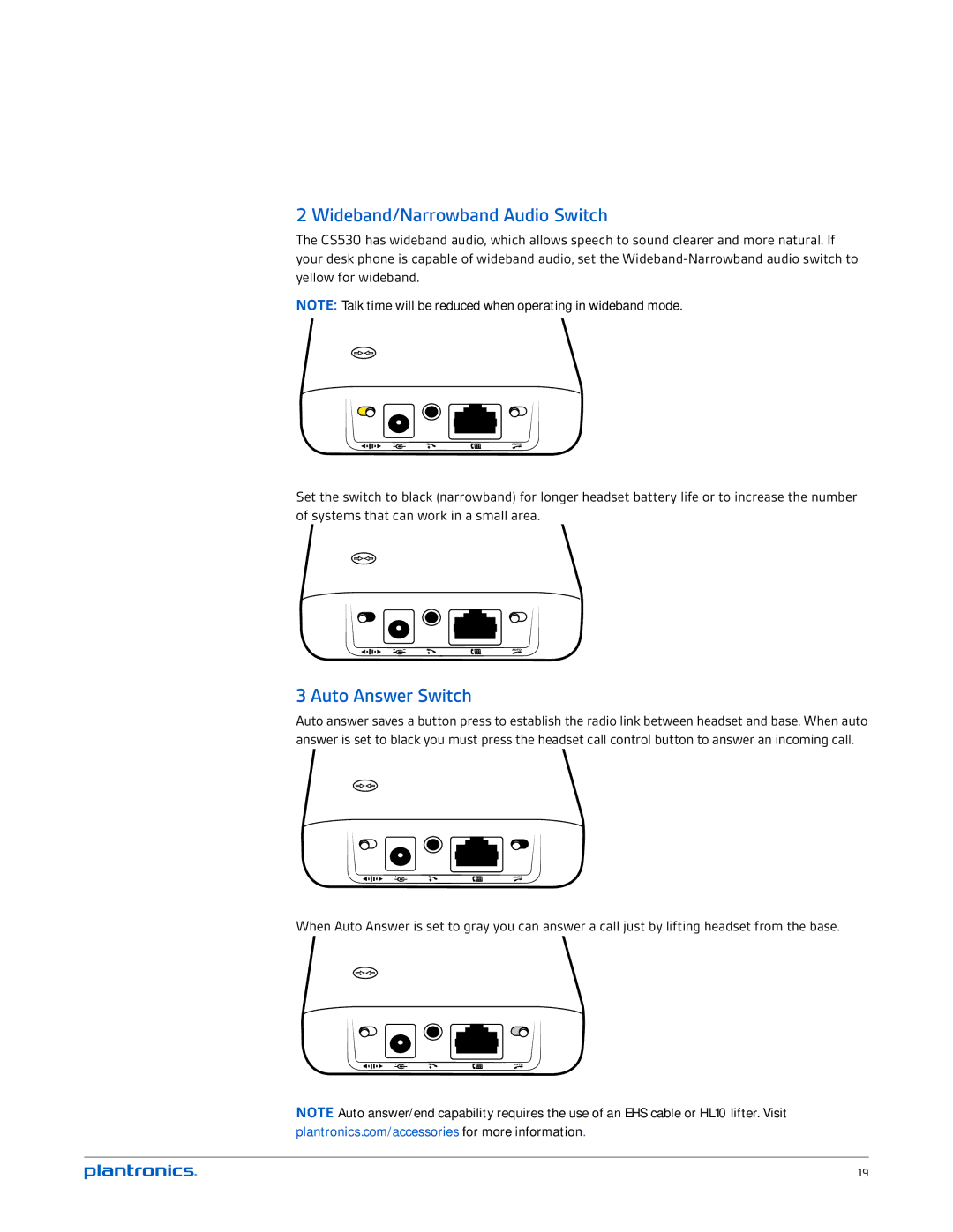 Plantronics CS530 manual Wideband/Narrowband Audio Switch, Auto Answer Switch 
