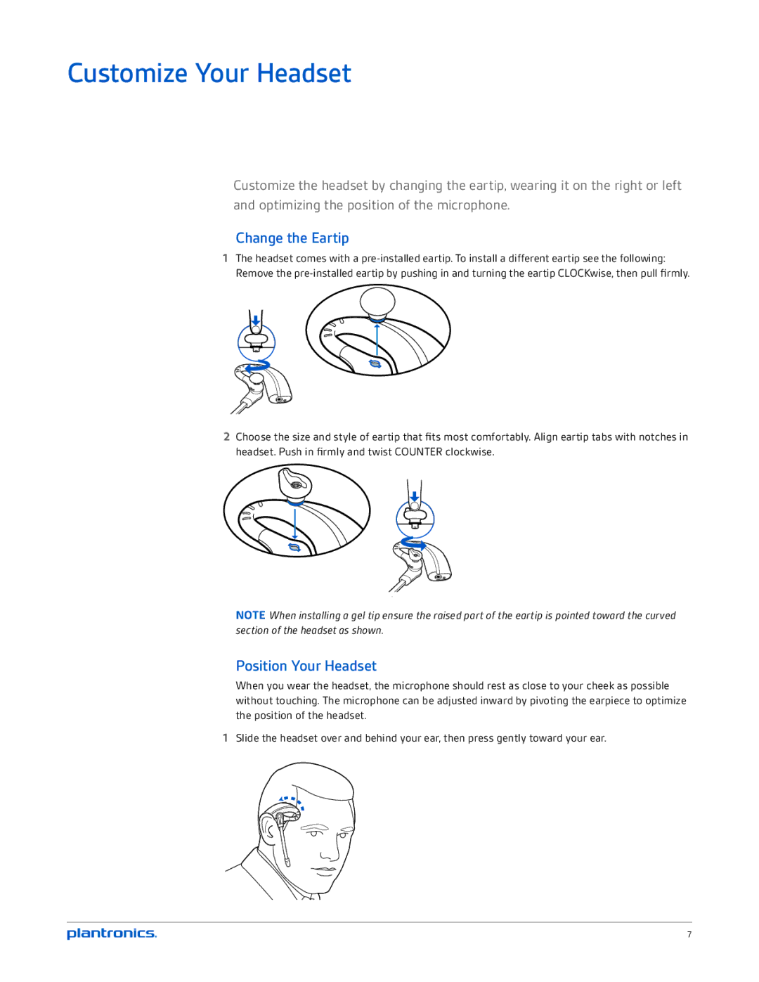 Plantronics CS530 manual Customize Your Headset, Change the Eartip, Position Your Headset 