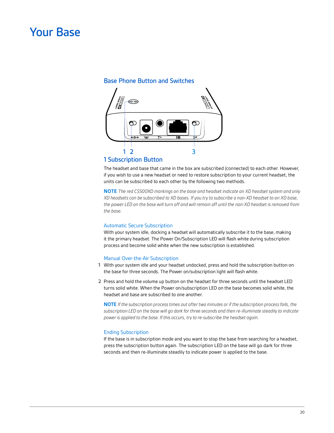 Plantronics CS540-XD manual Your Base, Base Phone Button and Switches Subscription Button, Automatic Secure Subscription 