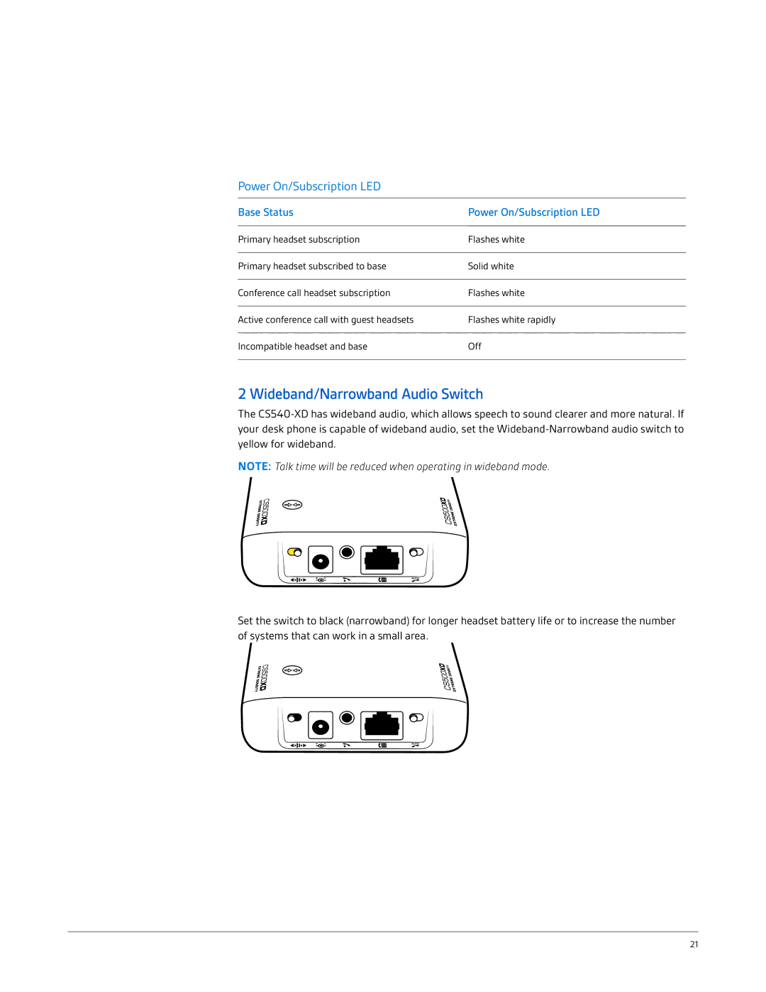 Plantronics CS540-XD manual Wideband/Narrowband Audio Switch, Power On/Subscription LED 