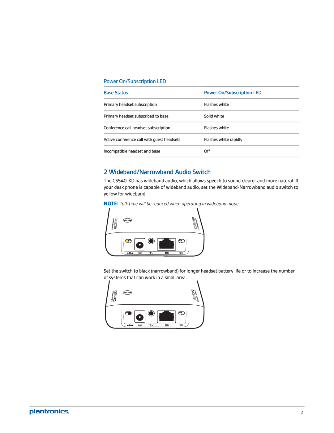 Plantronics CS540-XD manual Wideband/Narrowband Audio Switch, Power On/Subscription LED, Base Status 