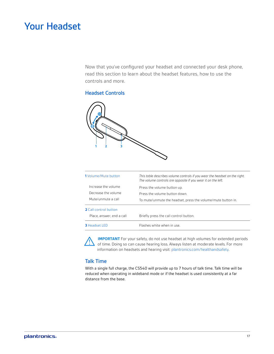 Plantronics CS540 manual Your Headset, Headset Controls, Talk Time 