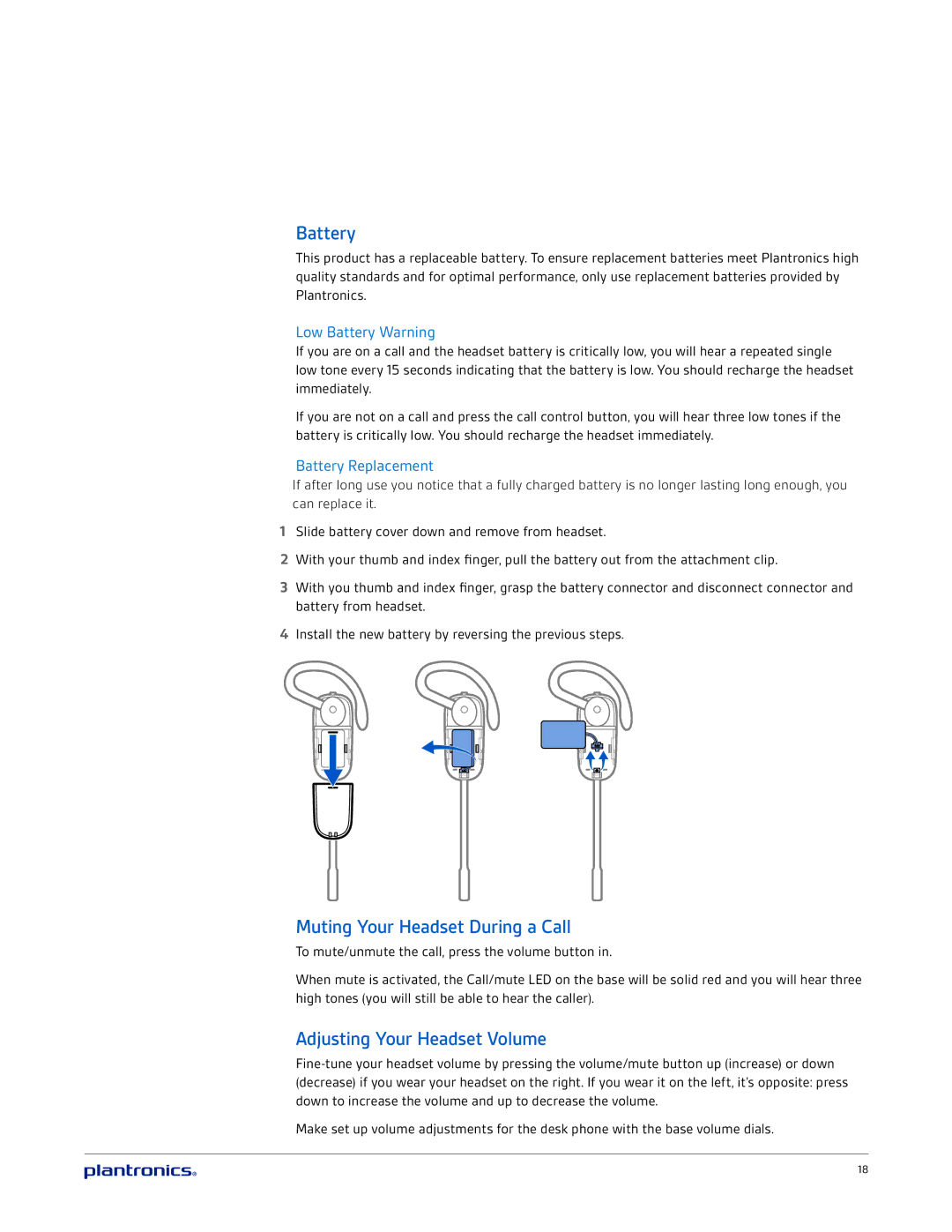 Plantronics CS540 manual Muting Your Headset During a Call, Adjusting Your Headset Volume, Low Battery Warning 