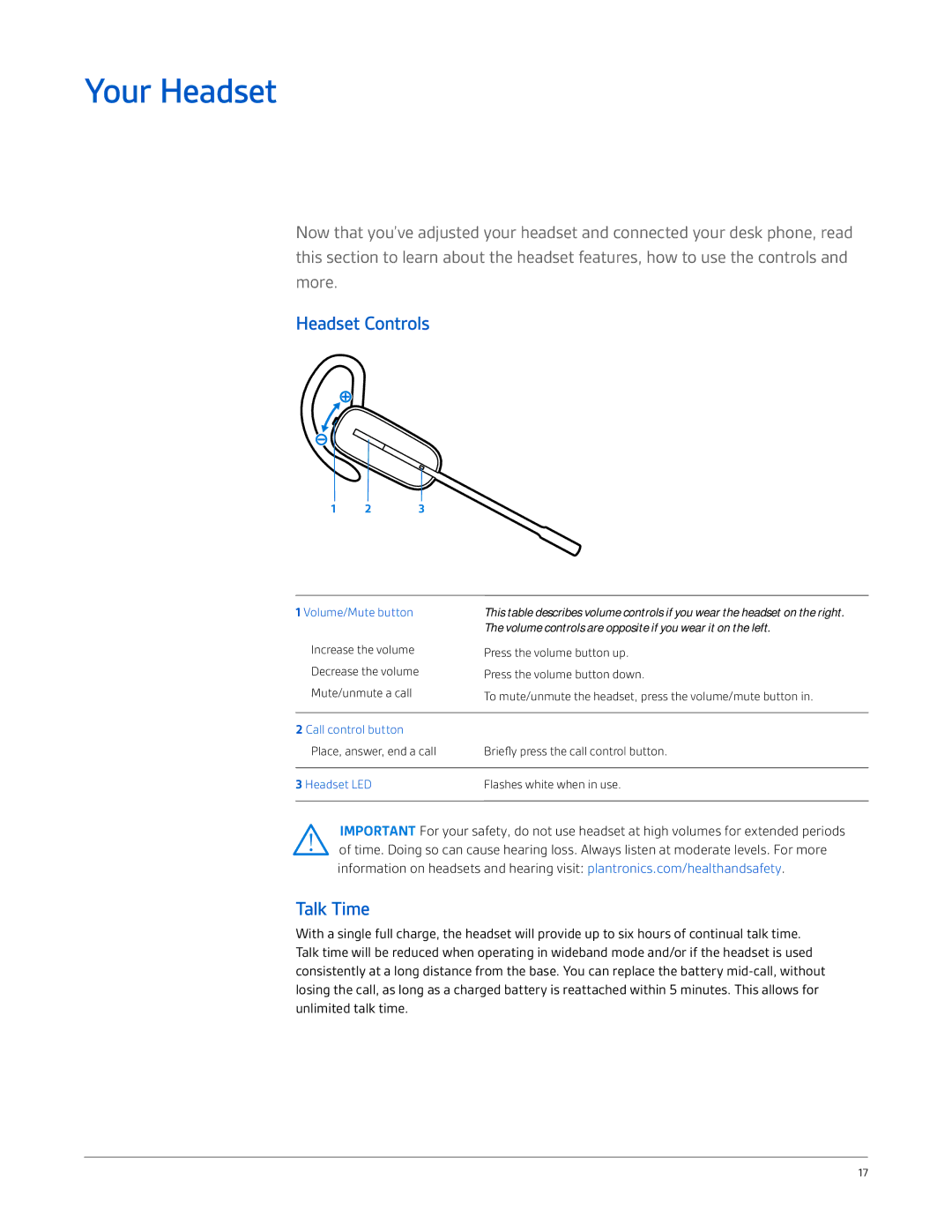 Plantronics CS545-XD manual Your Headset, Headset Controls, Talk Time 