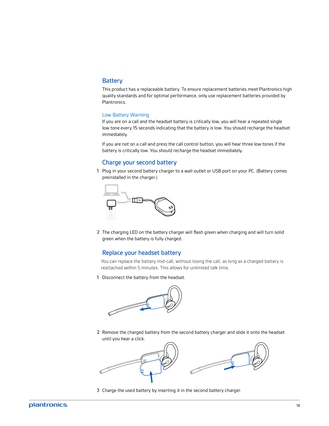 Plantronics CS545-XD manual Charge your second battery, Replace your headset battery, Low Battery Warning 