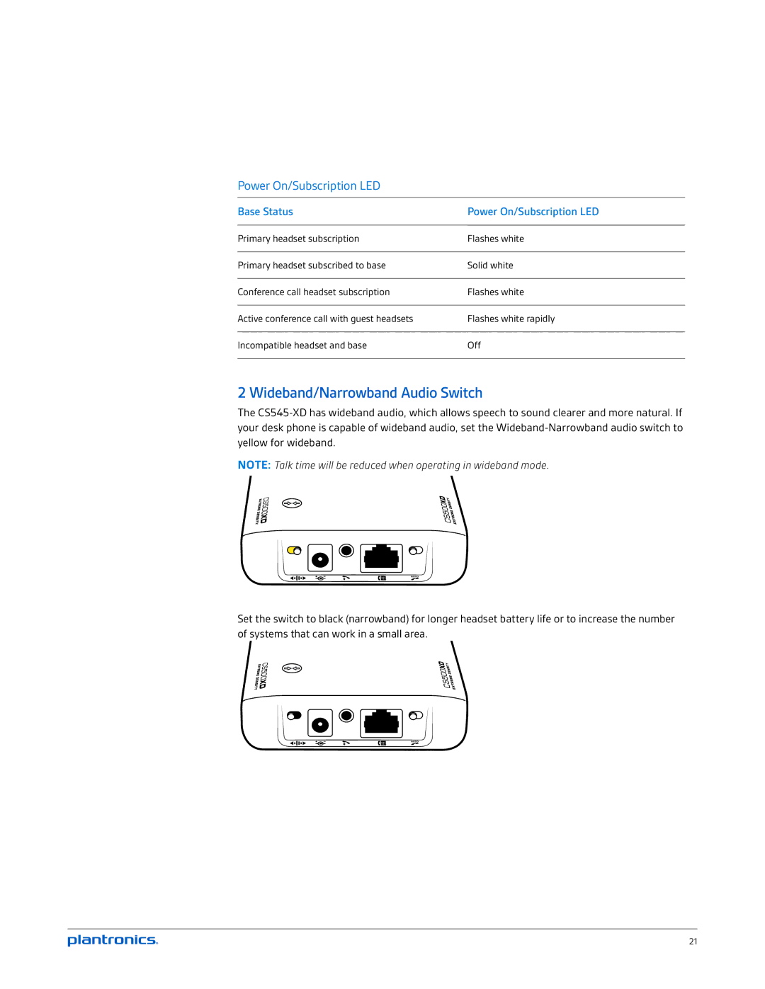 Plantronics CS545-XD manual Wideband/Narrowband Audio Switch, Power On/Subscription LED 