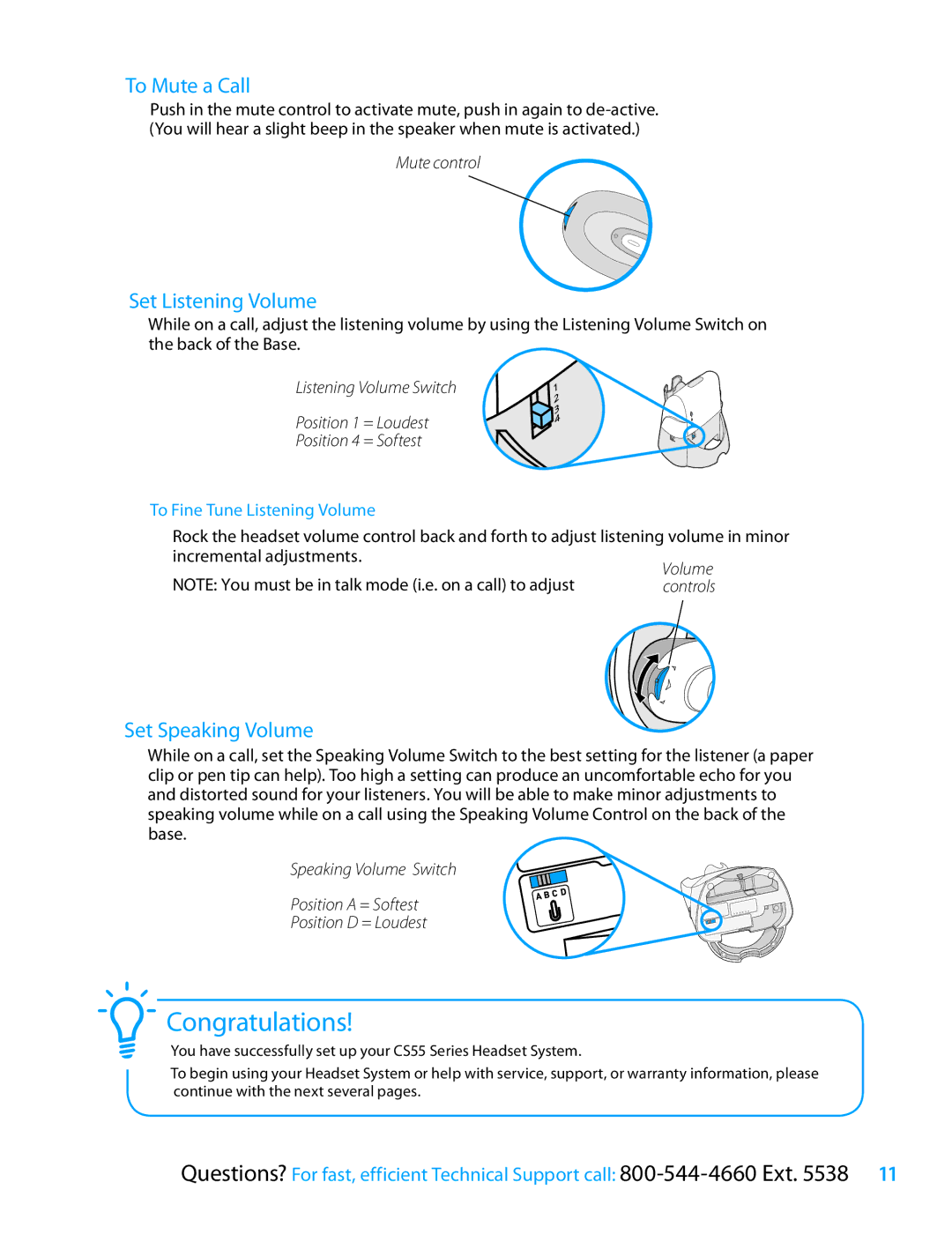 Plantronics CS55 Series setup guide To Mute a Call, Set Listening Volume, Set Speaking Volume, Mute control 