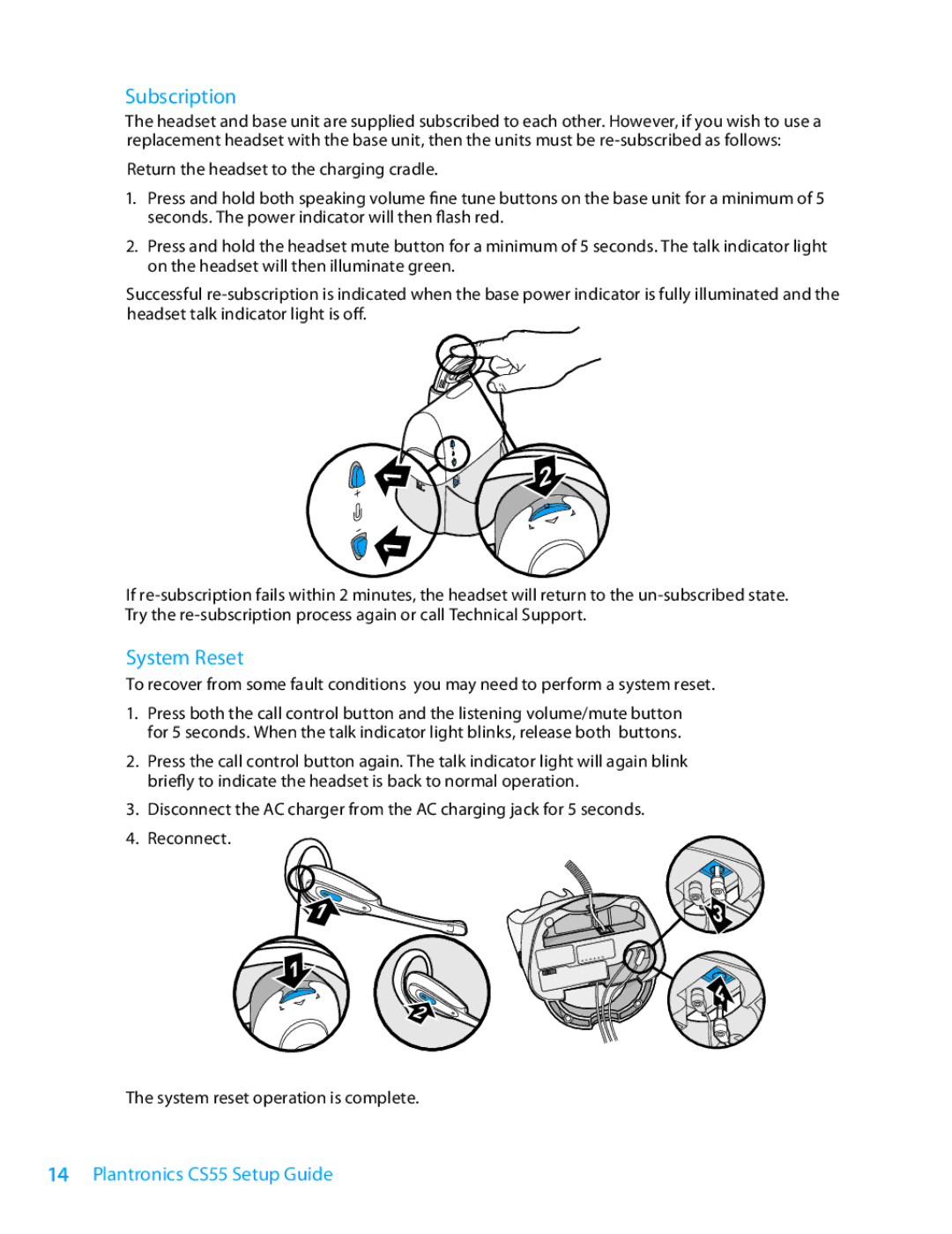 Plantronics CS55 Series setup guide Subscription, System Reset 