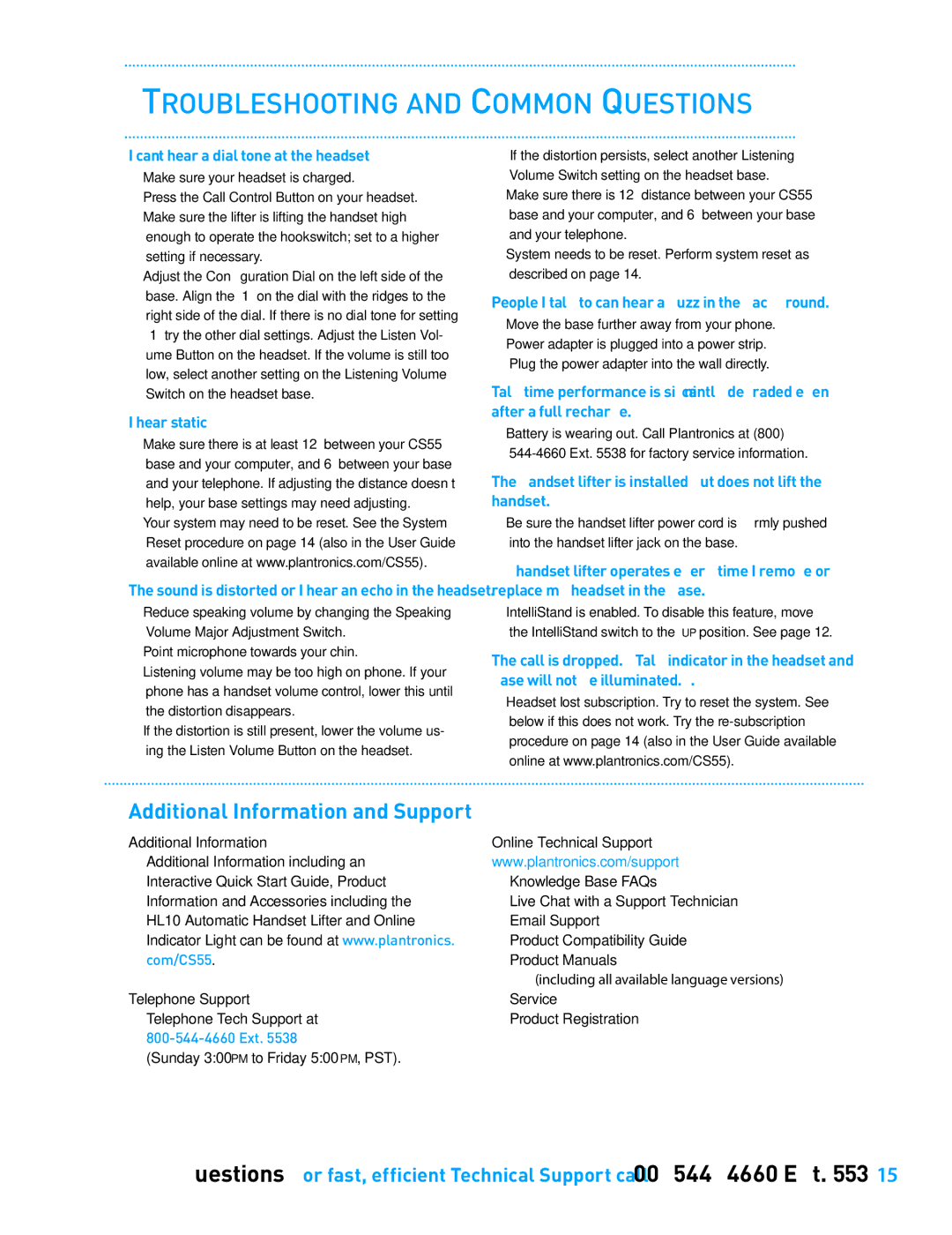 Plantronics CS55 Series setup guide Troubleshooting and Common Questions, Additional Information and Support 
