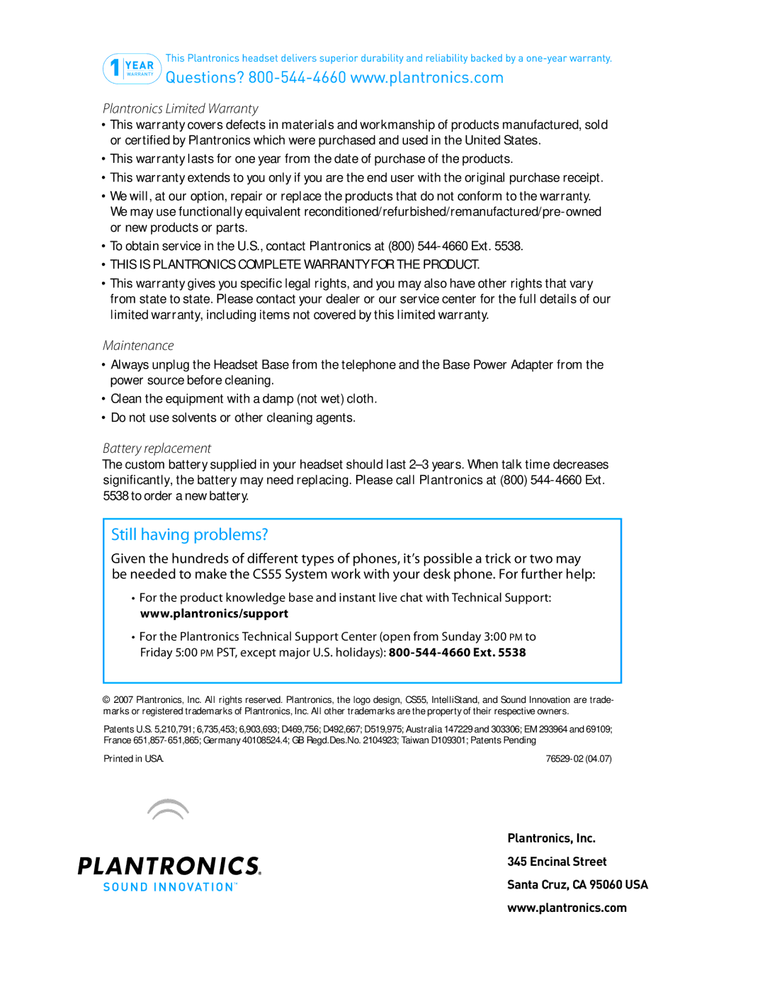 Plantronics CS55 Series setup guide Still having problems?, Plantronics Limited Warranty, Maintenance, Battery replacement 